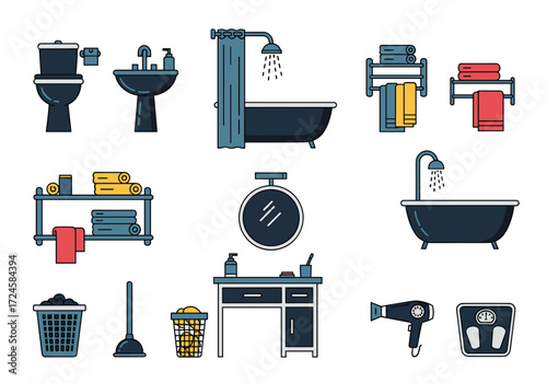 A collection of modern bathroom fixtures and accessories in a flat design style.