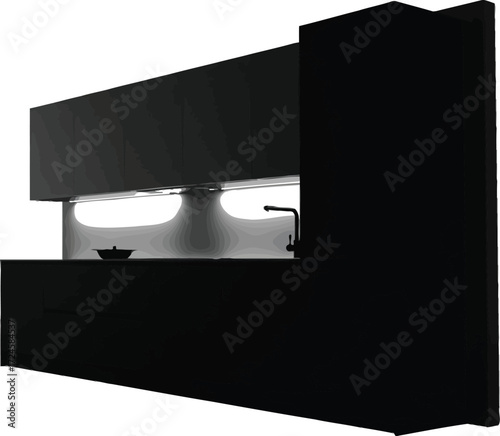 Modern black kitchen cabinets with lighting, sink, and cooking equipment