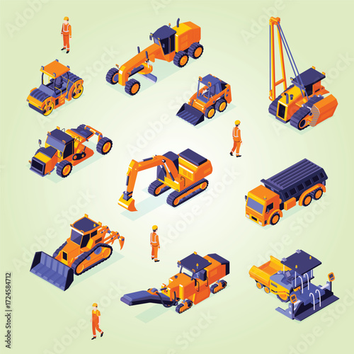 Isometric Detailed Construction Vehicle and Worker Illustration with Soft Background