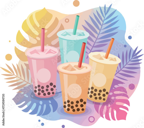 Colorful bubble tea drinks with straws and tapioca pearls in cups.