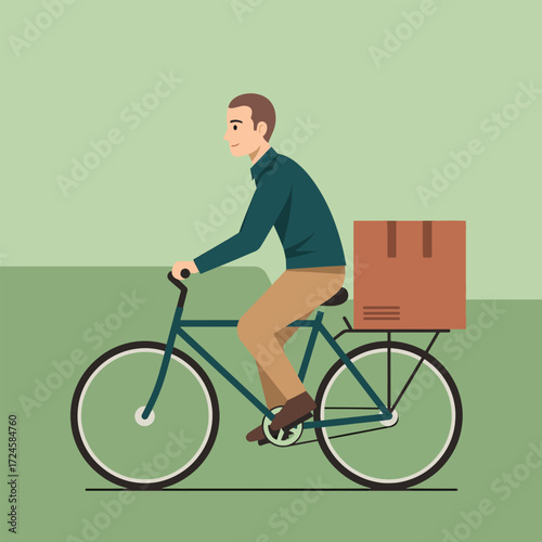 A man in casual clothing rides a bicycle with a large cardboard box securely fastened to the rear rack, suggesting delivery or transport.