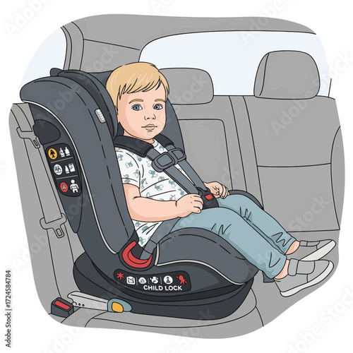 A young child is securely fastened in a gray car seat, positioned on the back seat of a vehicle, ready for travel.