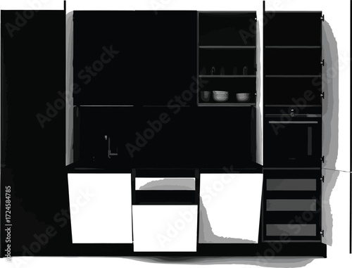 Modern kitchen furniture with open doors, shelves, and appliances