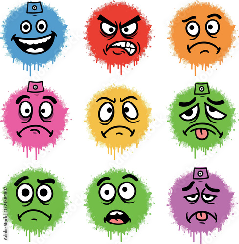 Colorful cartoon faces expressing various emotions and feelings in a vibrant display.