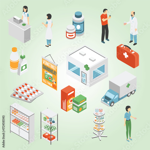 Isometric Detailed Pharmacy Scene with Staff, Products, and Delivery Truck