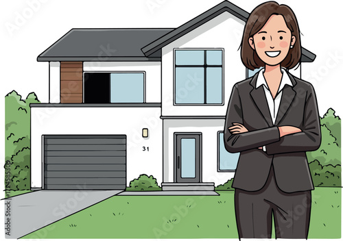 Confident real estate agent stands proudly in front of a modern house.