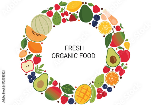 A vibrant wreath of fresh organic fruits and berries celebrating healthy eating and natural produce.