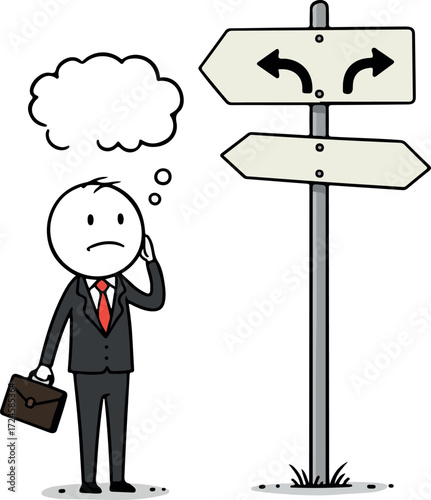 Confused businessman contemplating direction near signpost with choices.