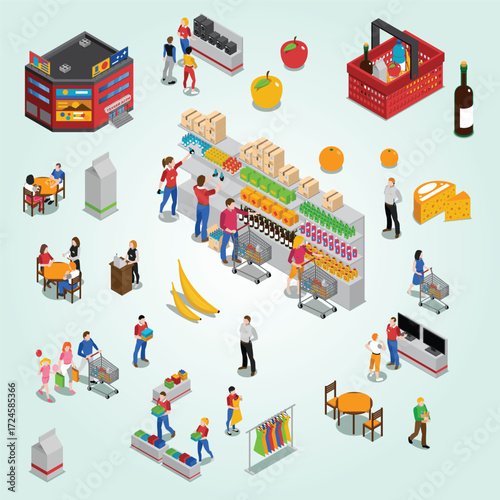 Isometric Detailed Supermarket Interior Scene with Customers and Various Products