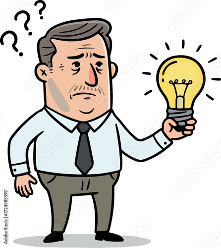 Confused businessman holding lightbulb seeking innovative ideas and solutions.