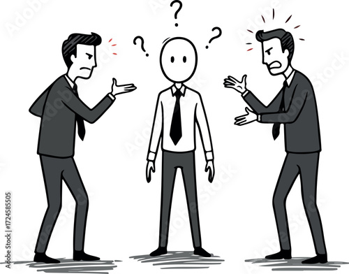 Confused person between two arguing men facing dilemma decision time.