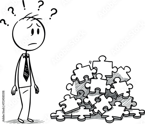 Confused man with puzzle pieces trying to solve a problem.
