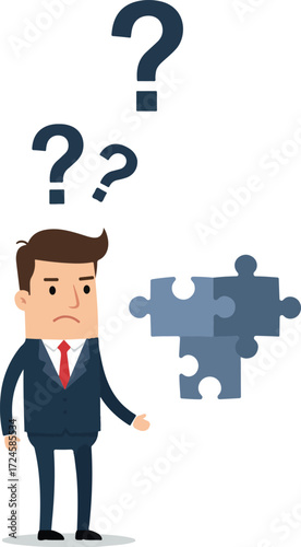 Confused businessman with puzzle pieces and question marks pondering a solution.