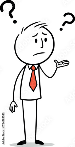 Confused stick figure with question marks expressing uncertainty and doubt.