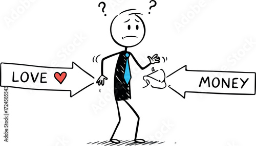 Confused stick figure torn between love and financial security.