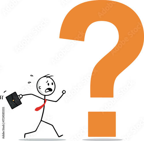Confused stick figure running away from a giant question mark.