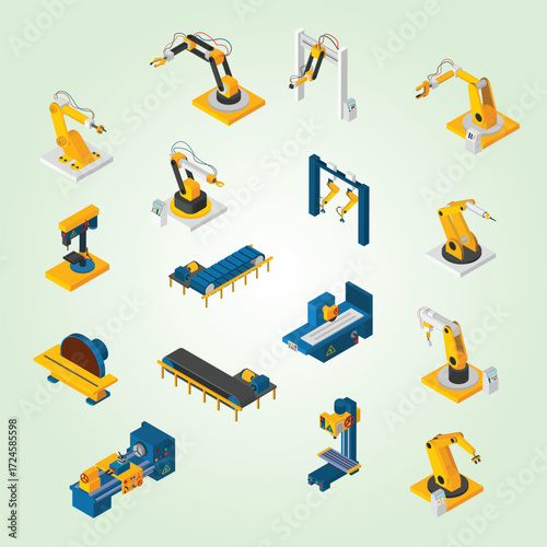 Isometric Detailed Industrial Automation Machinery Element Set for Manufacturing Processes