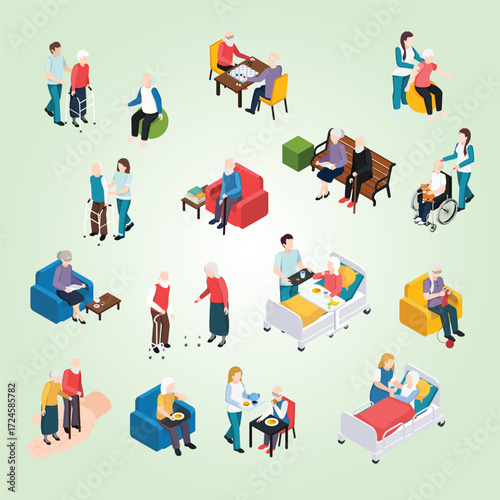 Isometric Style Grandparent Senior Care Illustration with Assistant Caregiver Service Set