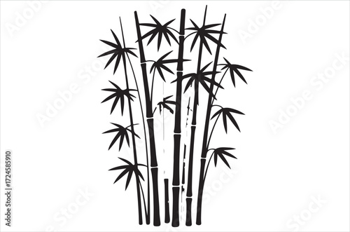 Bamboo silhouettes vector illustration, traditional Asian plant design, black bamboo stalks and leaves, natural tropical element, decorative eco friendly bamboo bundle icons on white background