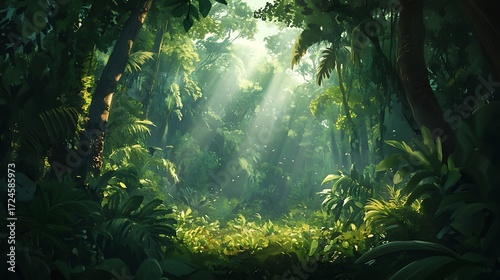 Serene digital painting depicting lush rainforest with sunlight for tranquil jungle scene peaceful calm scenic natural landscape enchanting tropical outdoor beauty concept