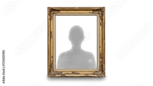 Mysterious faded portrait of a ghostly anonymous figure inside an ornate gilded frame, isolated on a clear blank white background