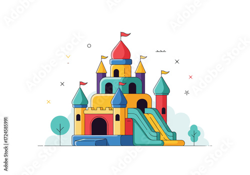 A colorful inflatable castle with towers slides and flags floating on a white background.