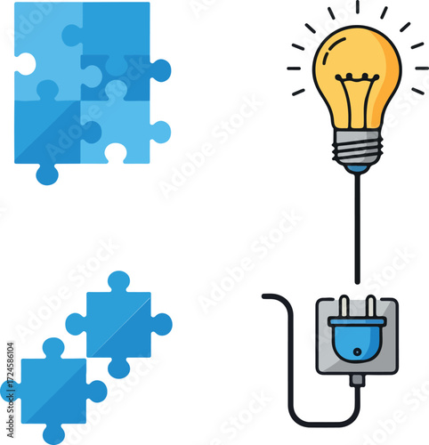 Creative problem solving and innovative ideas with puzzle and lightbulb.