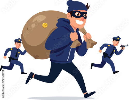 Criminal carrying stolen goods running away from police officers.