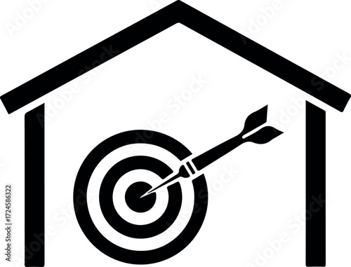 Dart hits the bullseye inside a house representing goals and success.