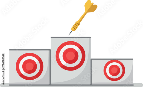 Dart hits the target on a podium representing success and achievement.