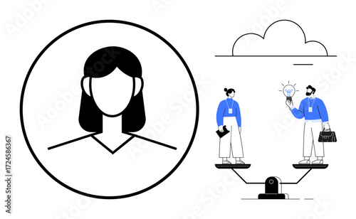 Abstract profile icon beside a seesaw with two team members exchanging a lightbulb idea. Ideal for teamwork, equality, innovation, leadership, decision-making, dialogue, professional balance themes