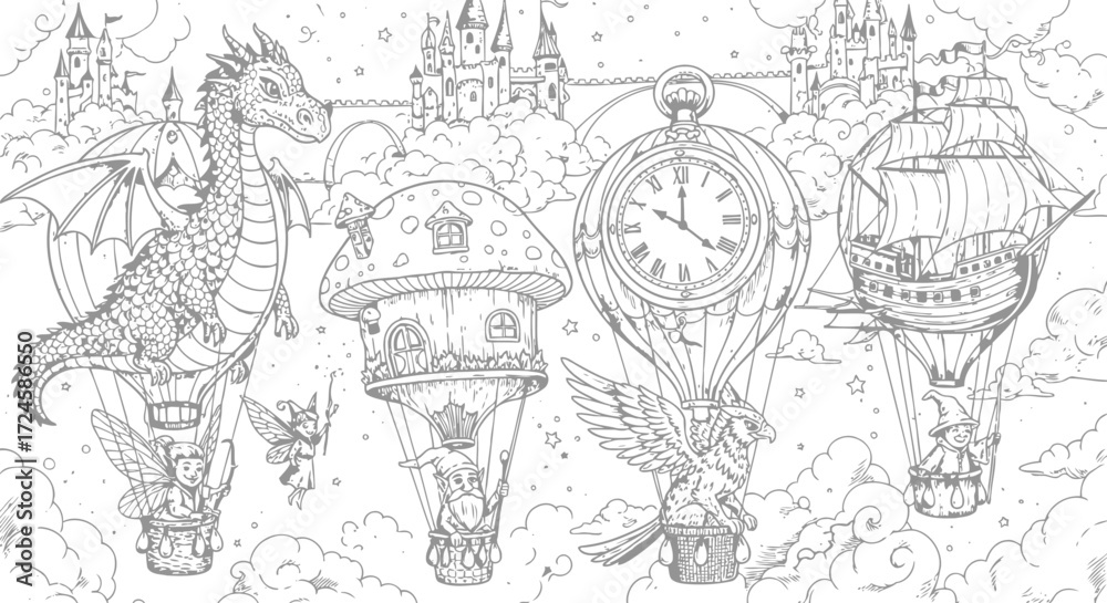 Obraz premium Vector illustration of mystical hot air balloon festival, with uniquely shaped balloons, fantasy creatures as pilots, and cloud castles