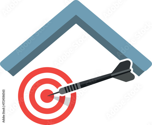 Dart hitting the center of target under a roof representing goals and success.