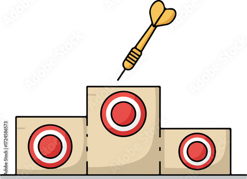Dartboard podium with a dart hitting the center target.