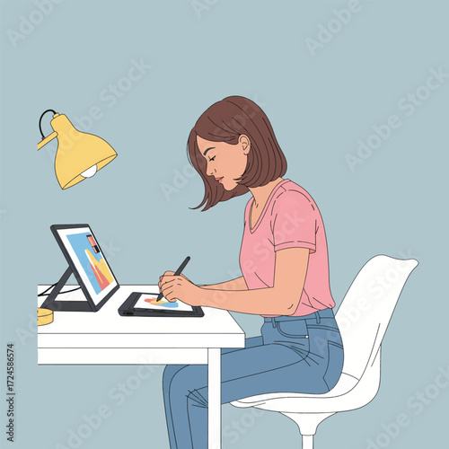 Young woman artist focused on digital illustration on a tablet, working at a desk with a lamp.