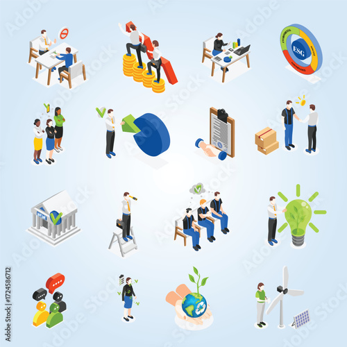 Isometric Style Environmental Social Governance ESG Infographic and Business Concepts