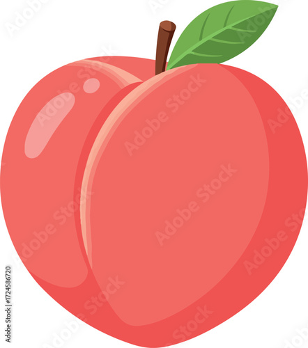 Delicious ripe peach with a green leaf and a brown stem ready to eat.