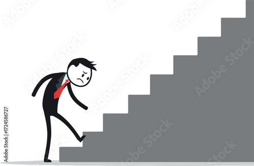Depressed businessman descends stairs symbolizing failure and setback in career or life.