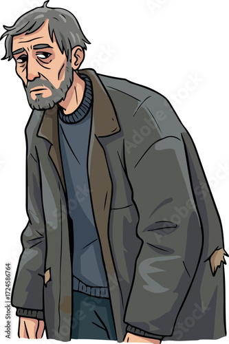 Depressed elderly man in worn coat looking down with sadness and despair.