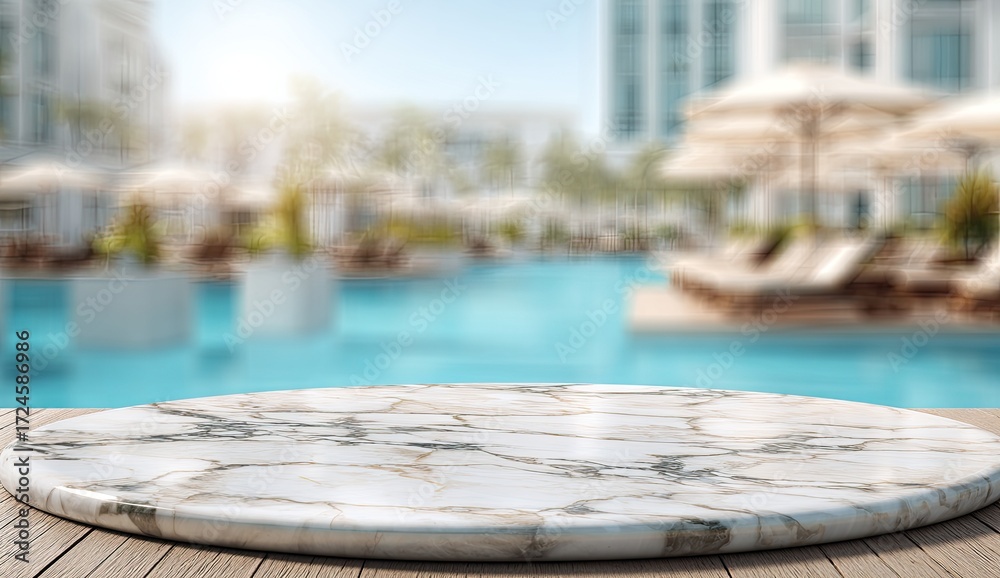 Naklejka premium Round marble platform overlooking a pool