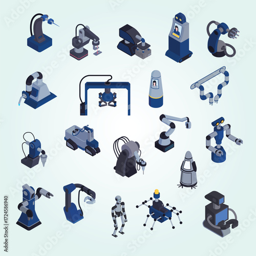 Isometric Various Industrial Robot Arm Technology Machine Equipment Set