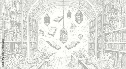 Vector illustration of a cozy library interior with bookshelves filled with books, lanterns hanging from the ceiling, and desks with open books, for coloring pages