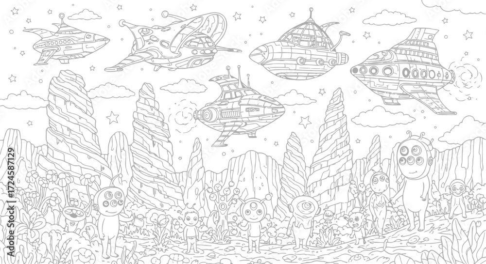 Naklejka premium Vector illustration of intricate alien landscape with futuristic spaceships, showcasing a detailed line art style for coloring book enthusiasts