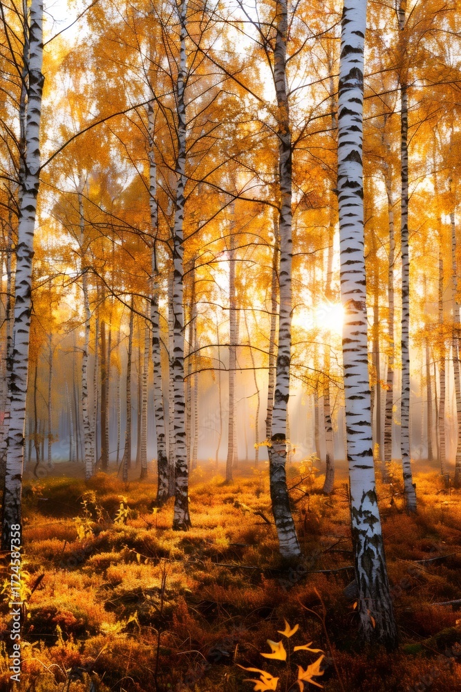 Fototapeta premium Golden autumn sunlight shining through birch forest trees