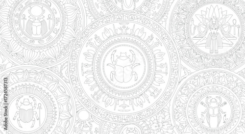 Vector illustration of detailed egyptian scarab beetle pattern, showcasing intricate hieroglyphics and ancient symbols for coloring book enjoyment