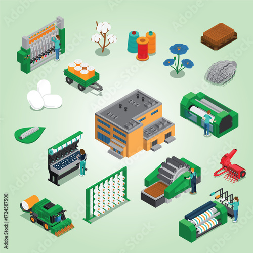 Isometric Detailed Cotton Industry Processes And Production Line Factory Illustration