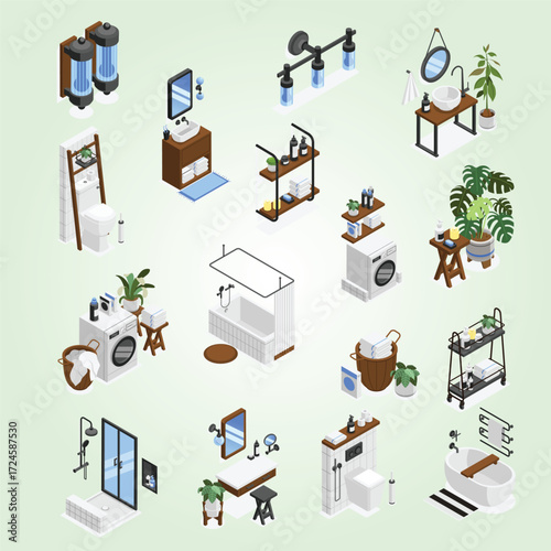Isometric Stylish Bathroom Arrangement Decoration Furnishing Set for Interior Design