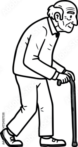 Elderly man walking with a cane supporting himself moving slowly monochrome illustration.