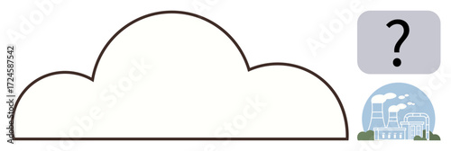 Large cloud outline paired with a factory emitting smoke and a question mark overlay. Ideal for pollution, environment, uncertainty, climate change, energy, sustainability, and emission topics