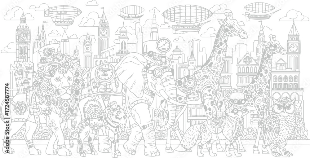 Fototapeta premium Vector illustration of steampunk animal parade with fantastical creatures and airships, a detailed coloring page for creative minds 